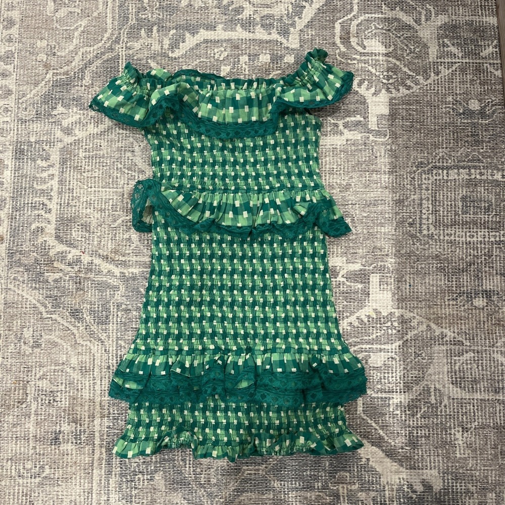 Tularosa Green Smocked Off Shoulder Teri Mini Dress XS Extra Small